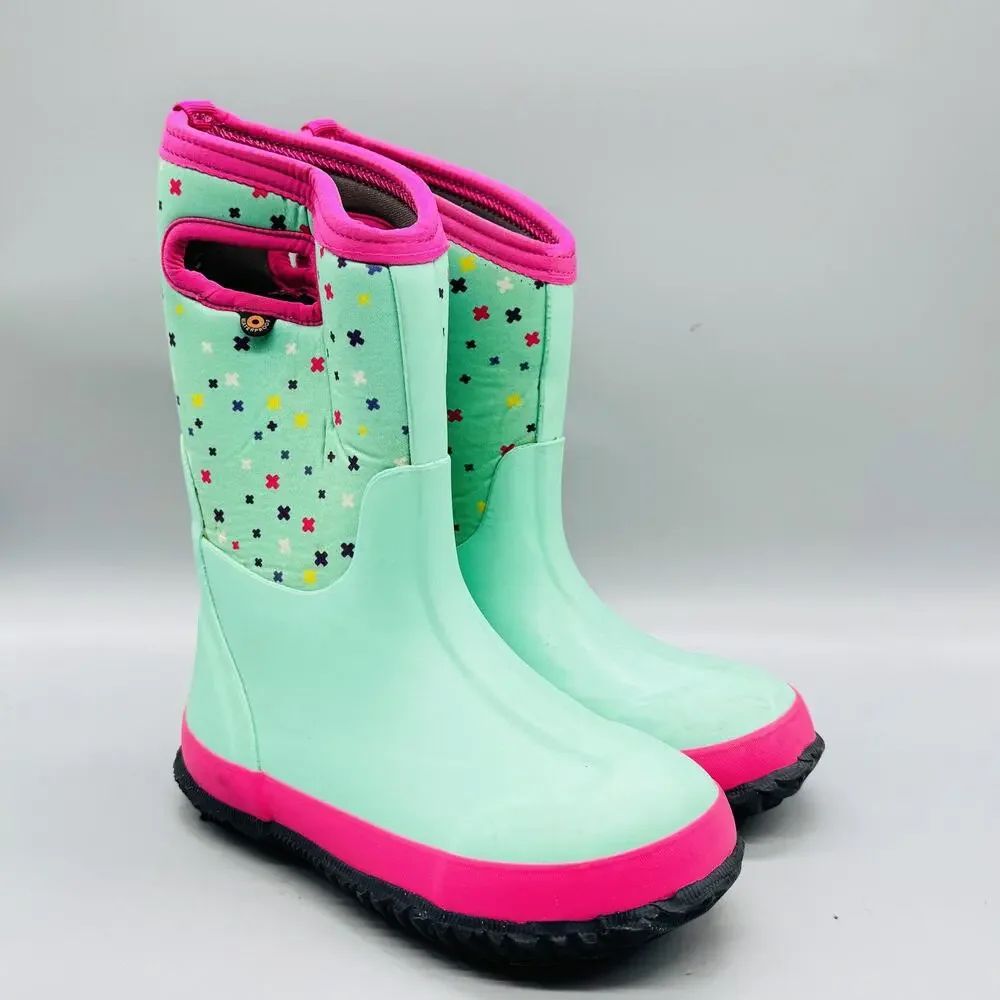 Bogs Boots Youth Girl 2 Green Pink Classic Plus Waterproof Winter Rain Snow
